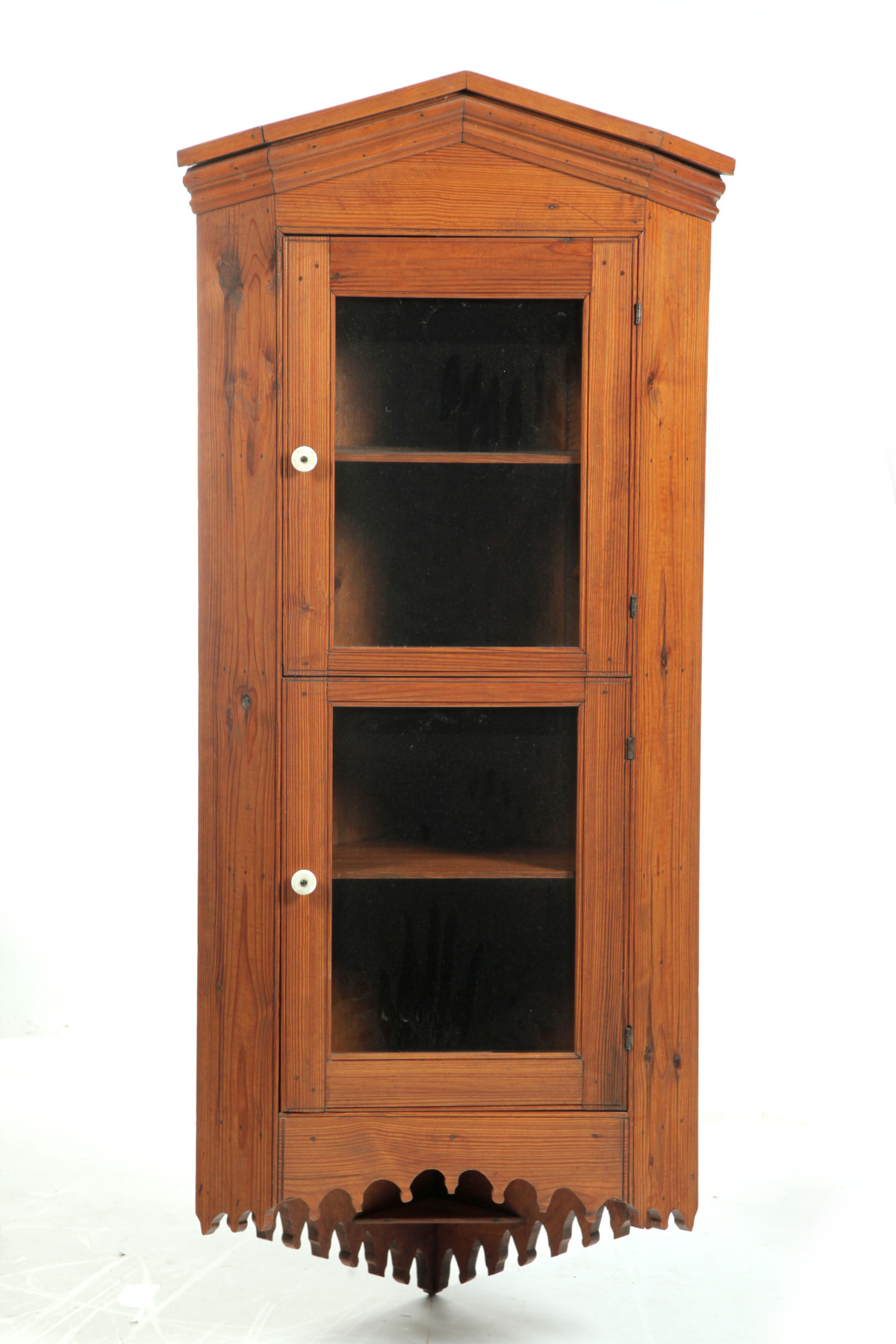 Appraisal: HANGING TWO-DOOR CORNER CUPBOARD American nd half- th century pine