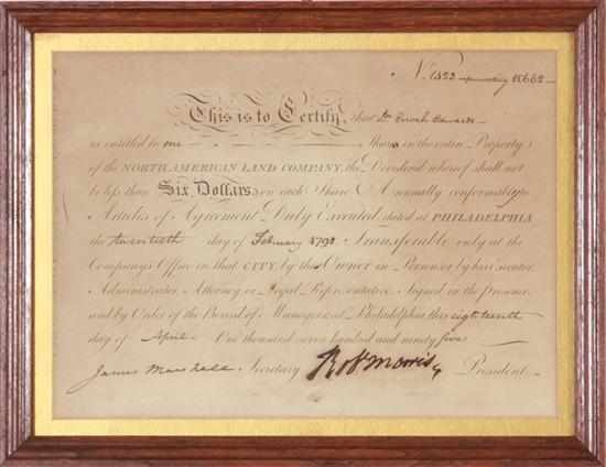 Appraisal: Document signed by Robert Morris North American Land Company certificate