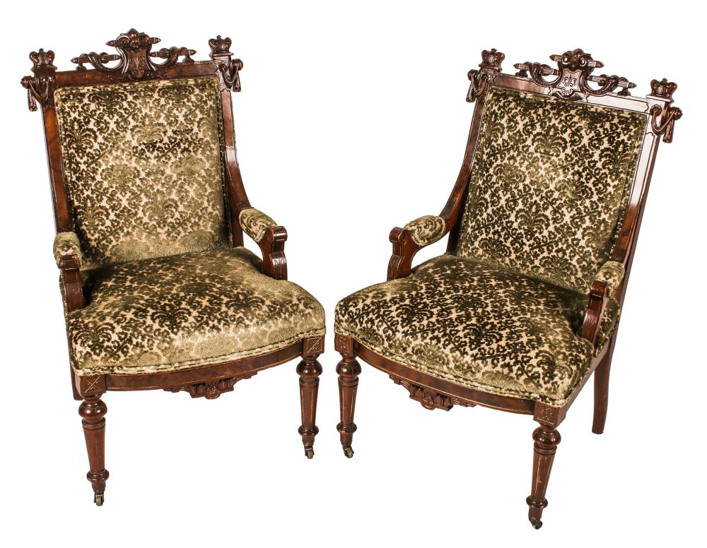 Appraisal: PAIR OF CARVED MAHOGANY ARMCHAIRS th century with later green