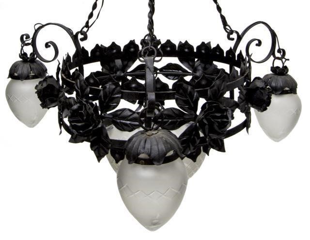 Appraisal: Continental iron four-light chandelier th c having decorative ceiling cap