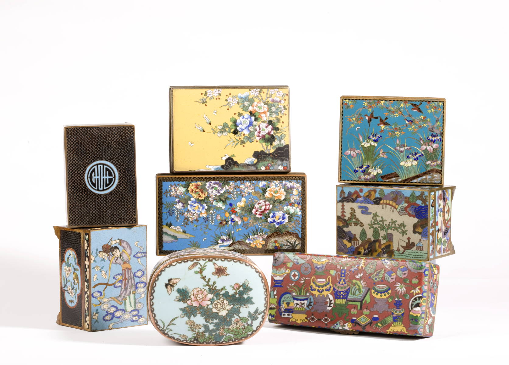 Appraisal: EIGHT CLOISONNE DESK BOXES WITH VARIOUS MOTIFS Length of largest