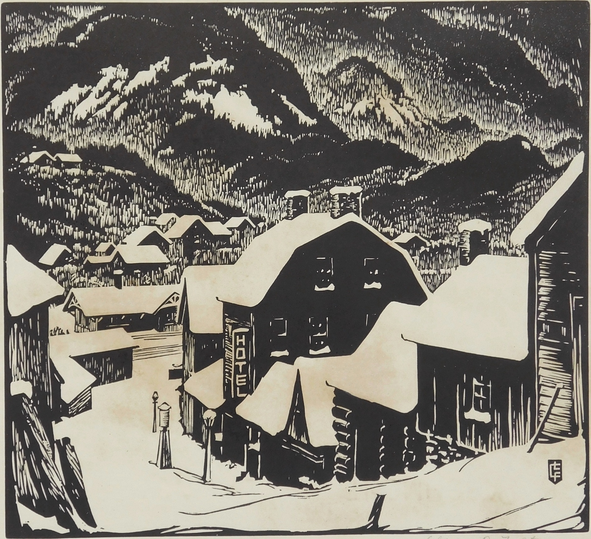 Appraisal: Lloyd Foltz - ''Mountain village''- woodblock signed titled and numbered