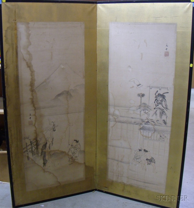 Appraisal: Japanese Panel Screen th century signed Buncho with decoration of