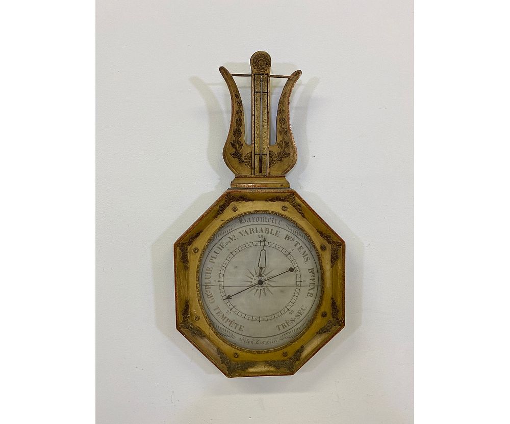 Appraisal: French Gilt Barometer French gilt barometer of lyre and octagonal