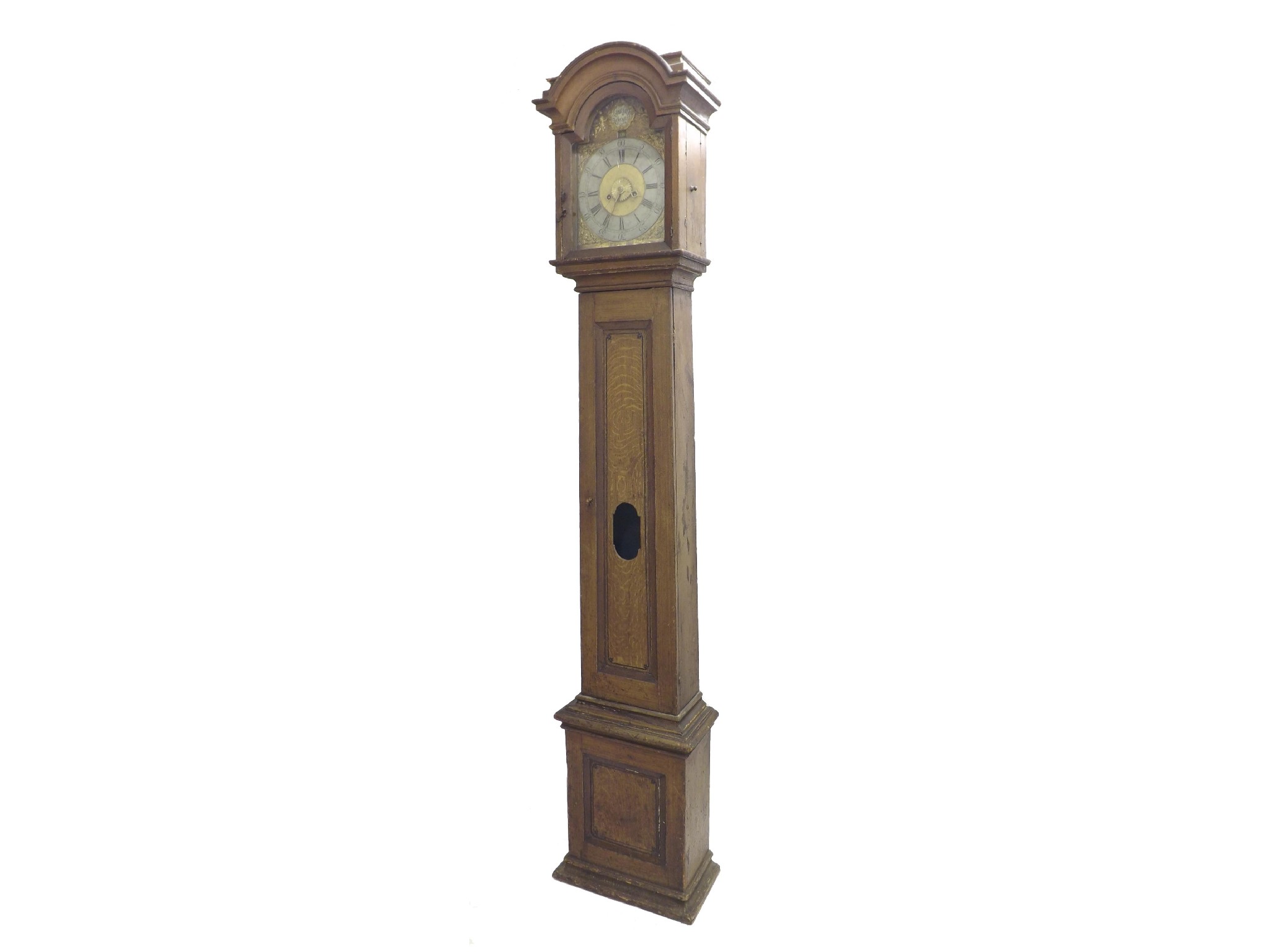 Appraisal: French fruitwood and oak two train longcase clock the brass