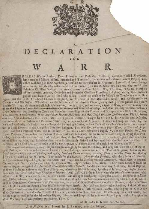 Appraisal: Protestant Broadside - A Declaration for Warr printed broadside woodcut