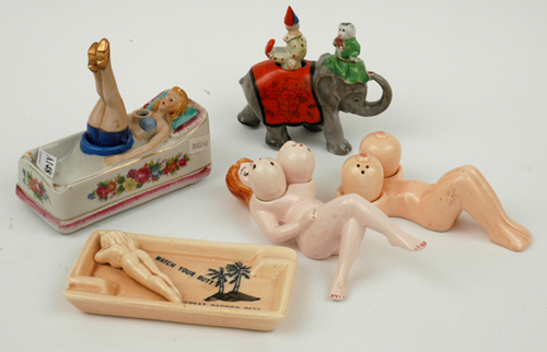 Appraisal: FOUR JAPANESE CERAMIC NOVELTY CRUETS AND AN ASHTRAY Three cruets