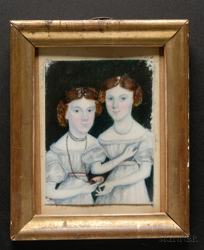 Appraisal: Portrait Miniature of Two Sisters in White Dresses c watercolor