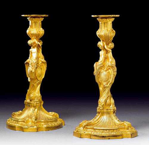 Appraisal: PAIR OF GILT BRONZE CANDLE HOLDERS AUX ENFANTS late Louis