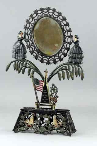 Appraisal: CAST IRON COLONIAL WOMAN HOLDING MIRROR Incredible cast effects base