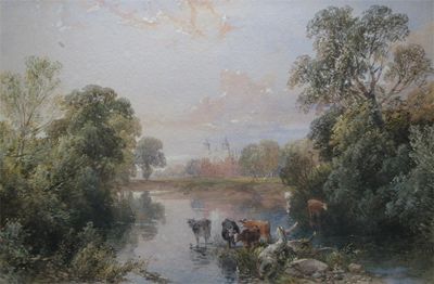 Appraisal: James Duffield Harding - Cattle by a river a chapel