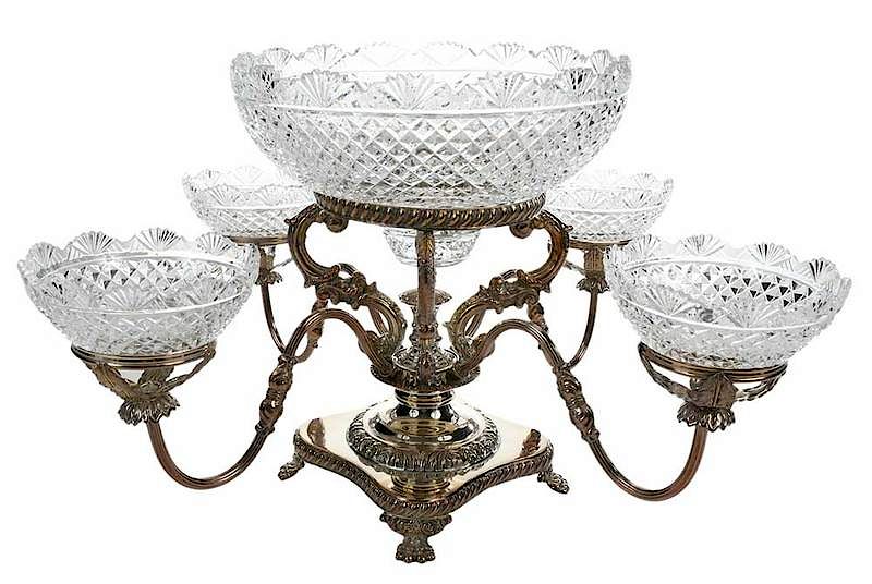 Appraisal: English Silver-Plate Epergne late th century four arms cut glass