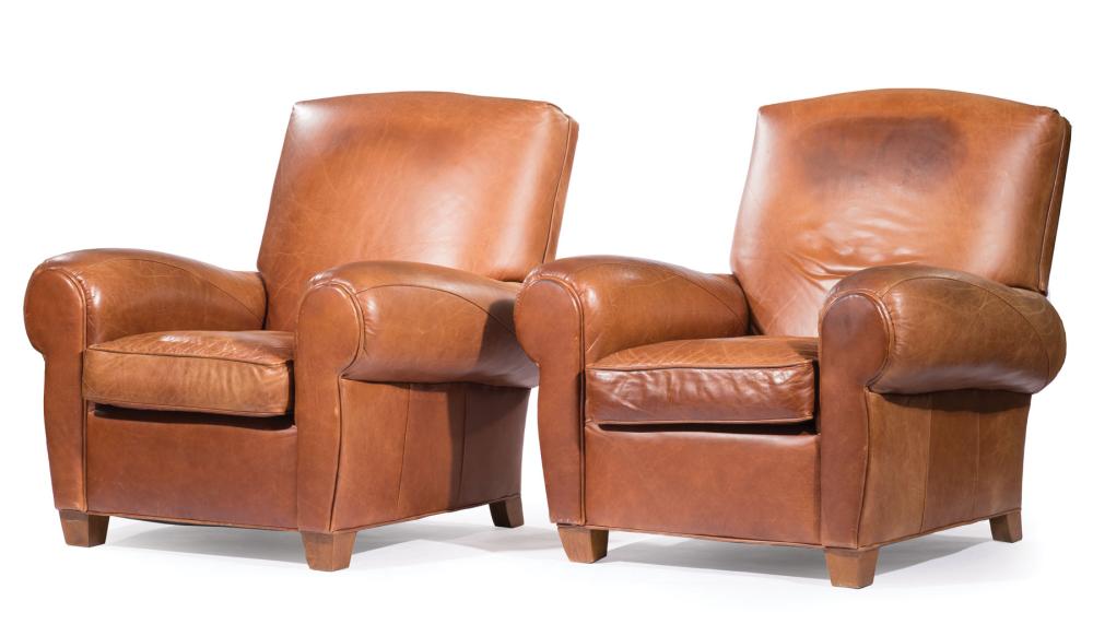 Appraisal: Pair of Art Deco-Style Leather Armchairs shaped back rolled arms