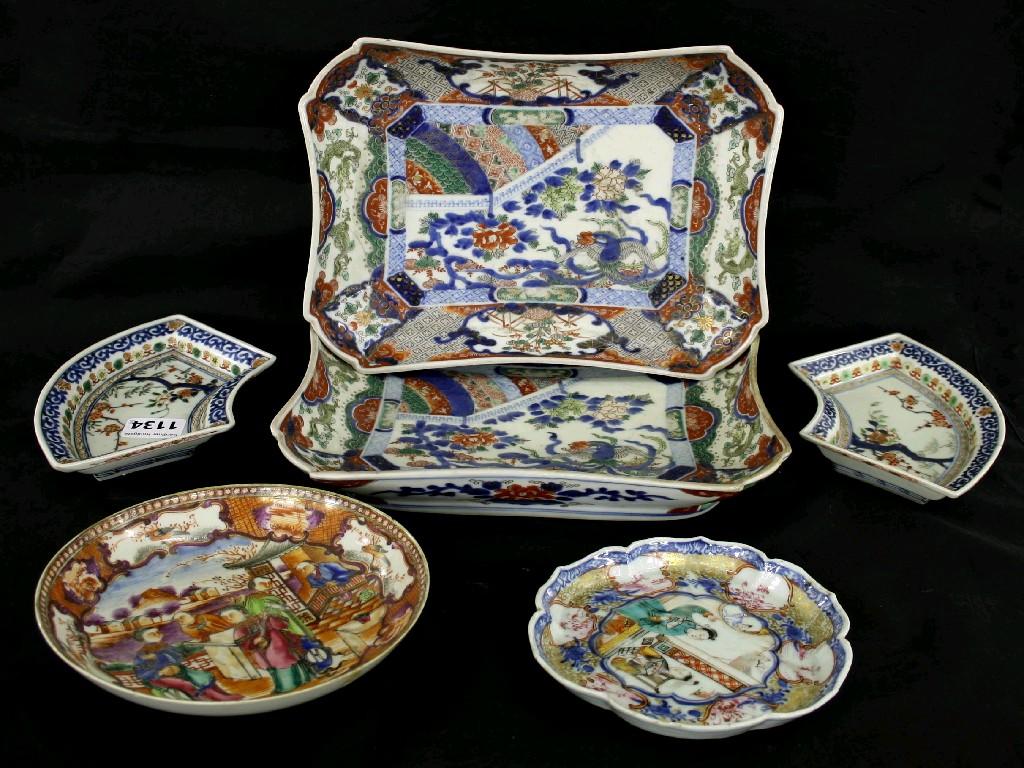 Appraisal: Pair of th century rectangular shaped Imari shallow bowls decorated