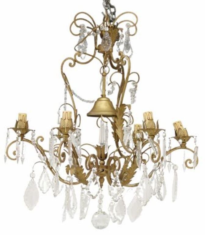 Appraisal: Italian gilt painted metal and crystal six-light chandelier th c