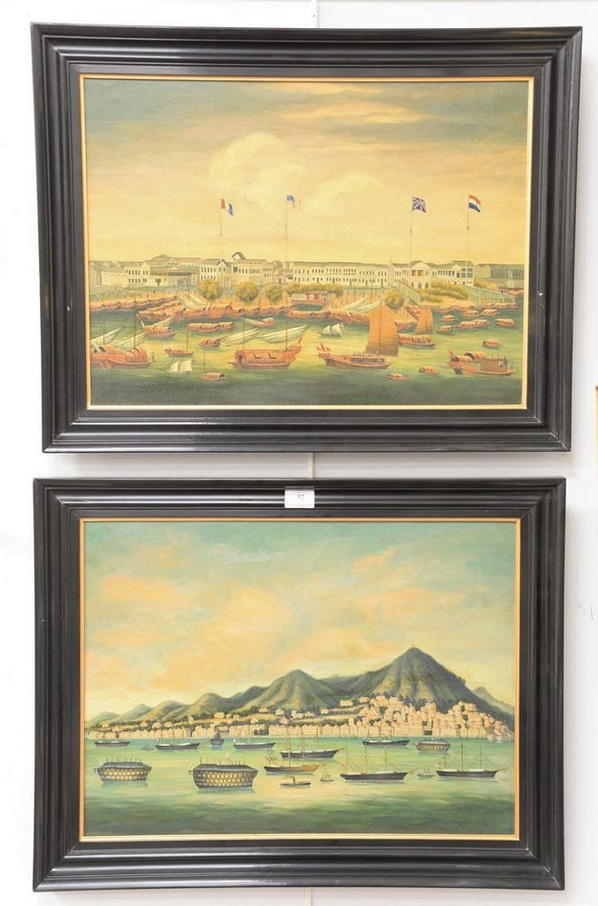 Appraisal: Pair of Chinese oil on canvas to include view of