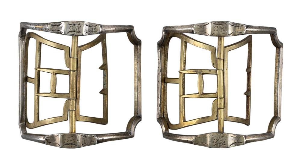 Appraisal: PAIR OF TH CENTURY SILVER-ON-BRASS SHOE BUCKLES DATED APPROX X