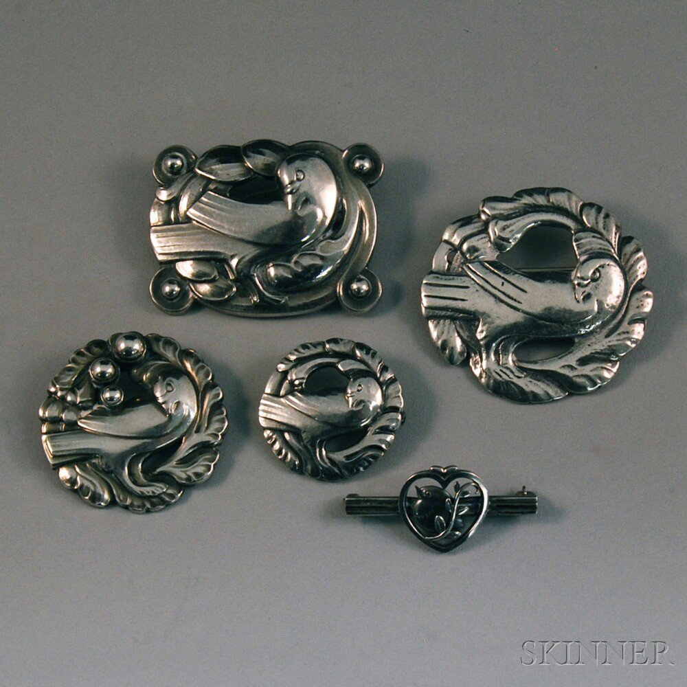 Appraisal: Four Georg Jensen Sterling Silver Bird Pins one small bar