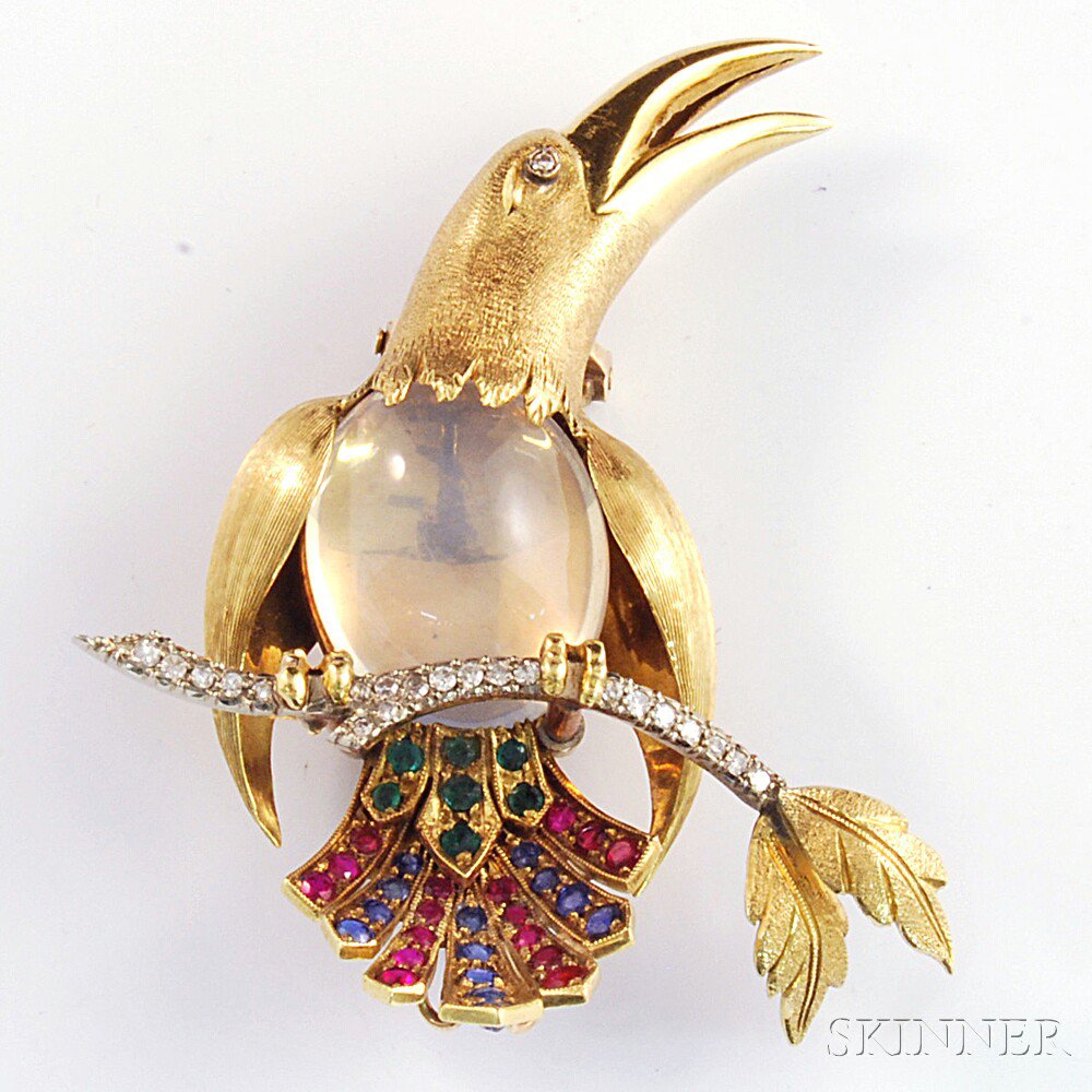 Appraisal: kt Gold Gem-set Exotic Bird Brooch Italy with cabochon moonstone