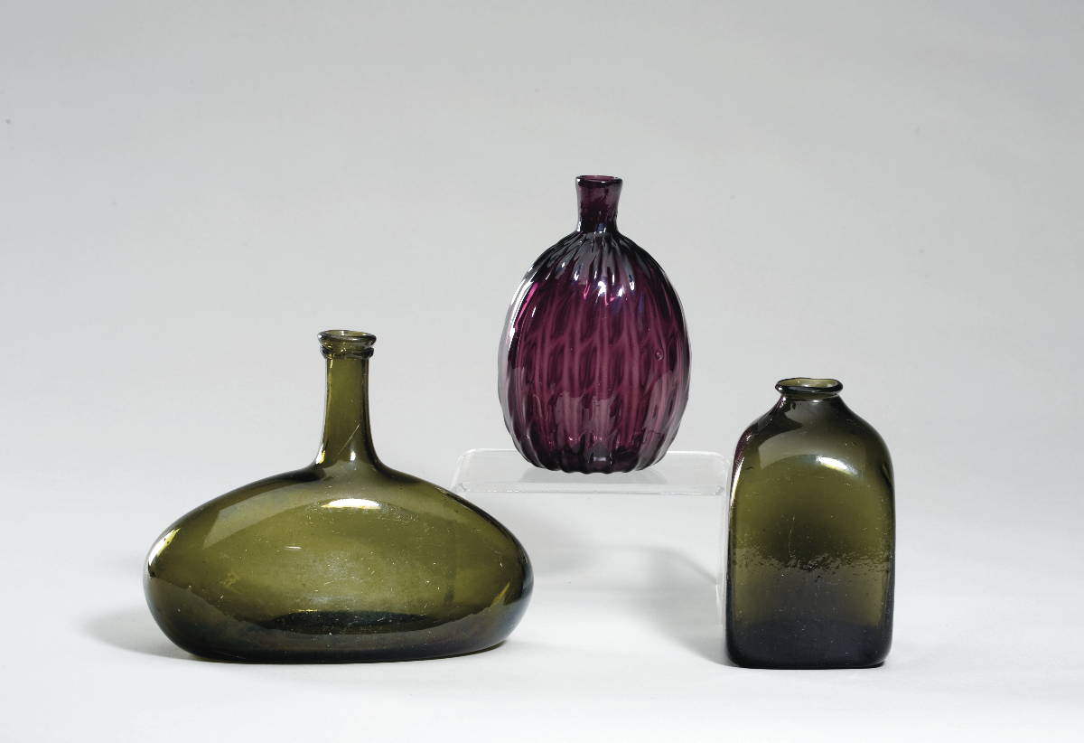 Appraisal: PATTERN-MOLDED AMETHYST GLASS FLASK OLIVE-GREEN ELLIPTICAL BOTTLE AND AN OLIVE-GREEN