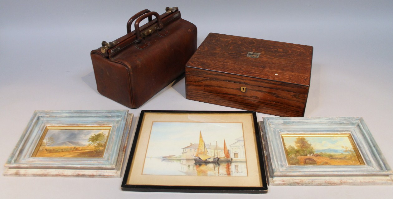 Appraisal: An early thC brown leather Gladstone bag with brass mounts