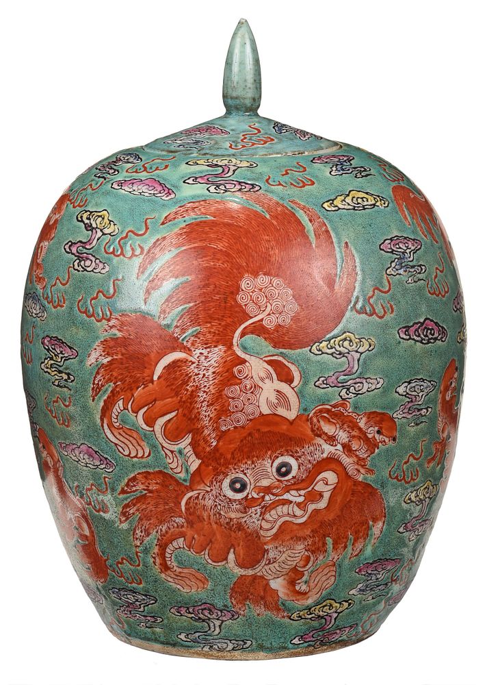 Appraisal: Chinese Green Ground 'Foo Dog' Porcelain Jar with later iron