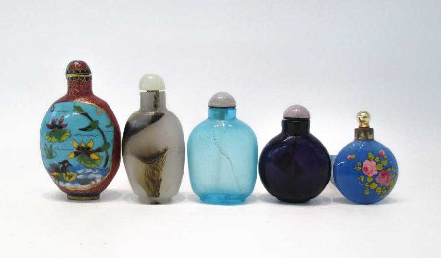 Appraisal: FIVE ASSORTED SNUFF BOTTLES glass bottles various flattened forms and