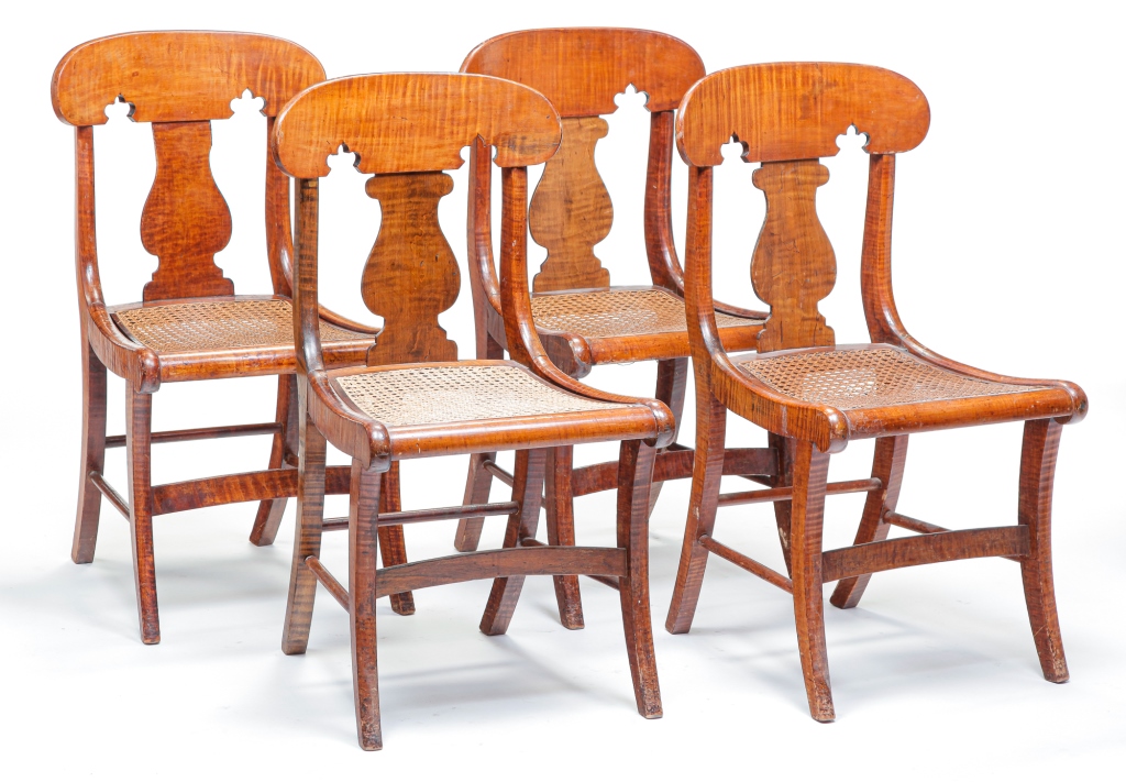 Appraisal: FOUR AMERICAN SABER-LEG CHAIRS Second quarter th century tiger maple