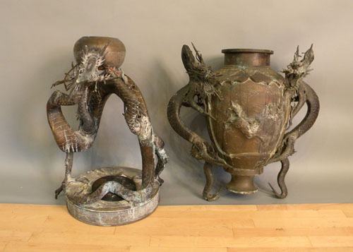 Appraisal: Three piece Chinese bronze dragon urn h