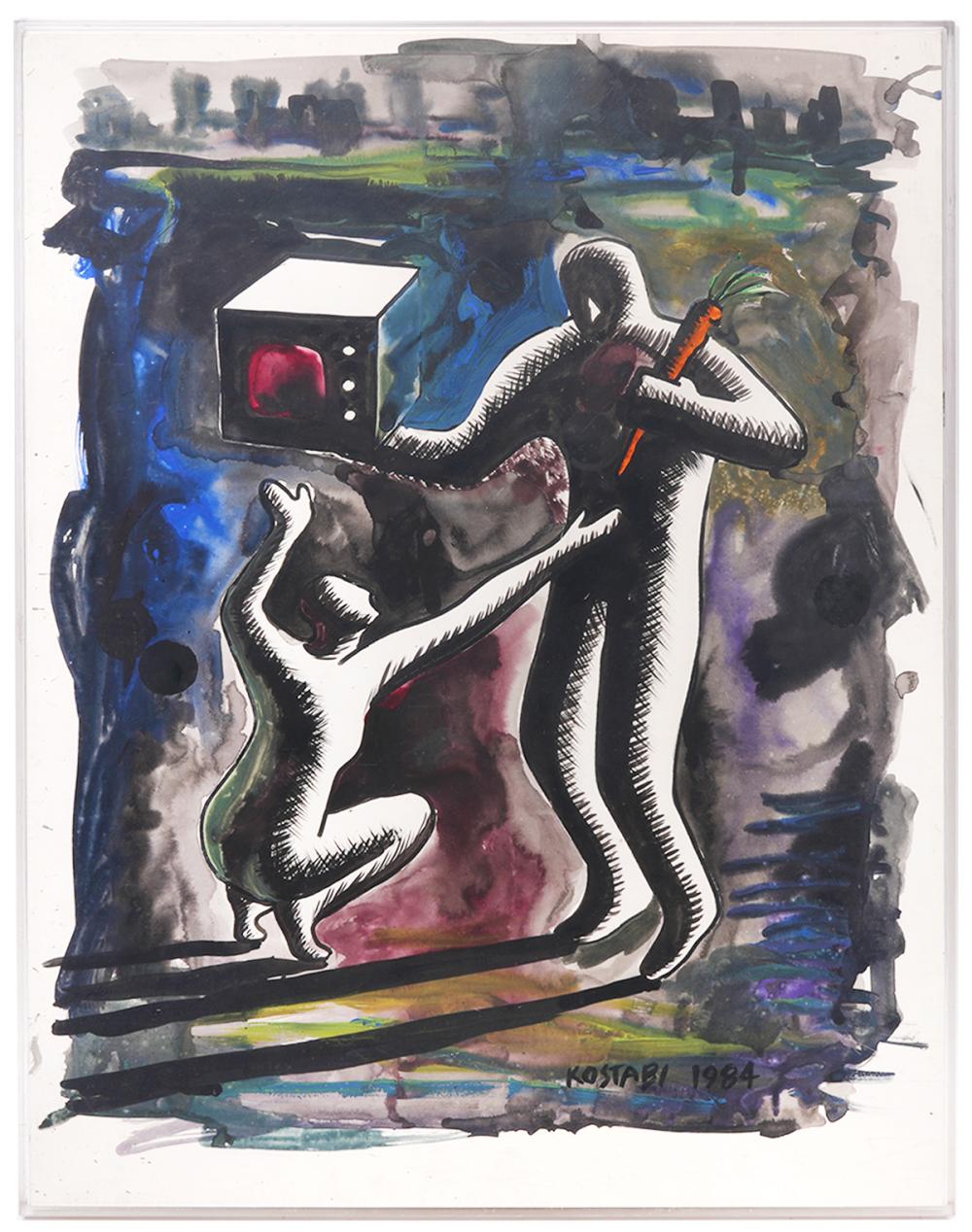 Appraisal: MARK KOSTABI UNTITLED WATERCOLOR PAINTINGMark Kostabi American Born Untitled watercolor