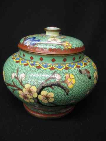 Appraisal: Chinese Cloisonne Jar butterfly floral on green '' excellent