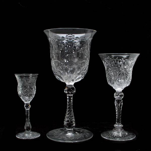 Appraisal: A group of floral etched glass stemware comprising twelve water