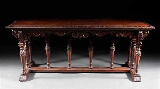 Appraisal: American Renaissance Revival style mahogany trestle table th century elaborately