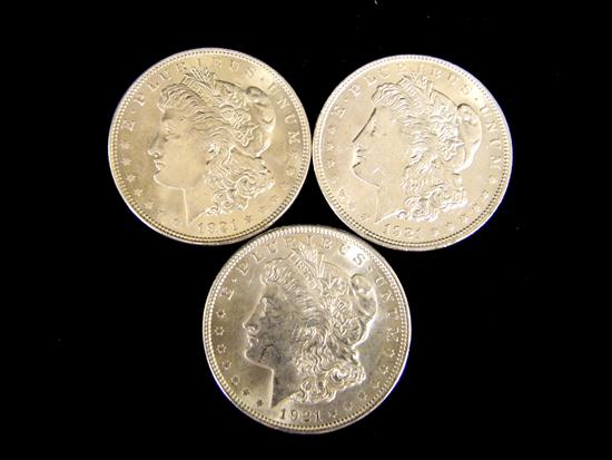 Appraisal: COINS three Morgan dollars average grade is MS uncertified pieces