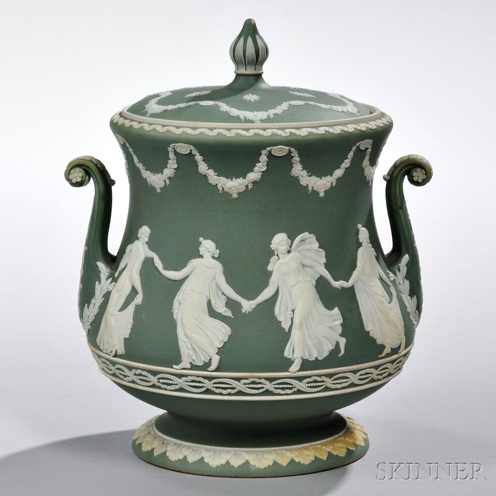 Appraisal: Wedgwood Green Jasper Dip Tobacco Jar and Cover England scrolled