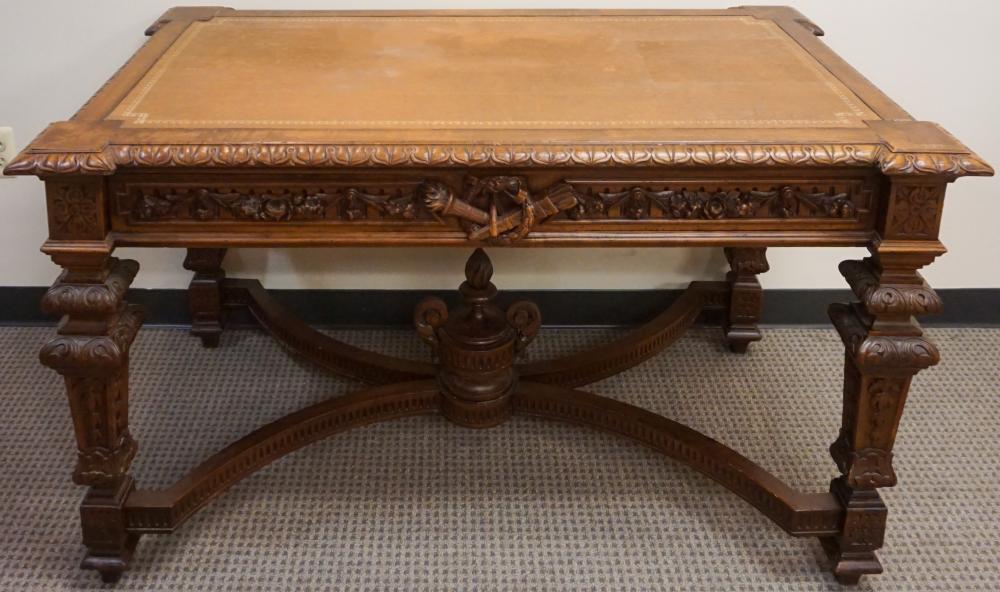 Appraisal: George III Style Carved Mahogany and Brown Leather Inset Top