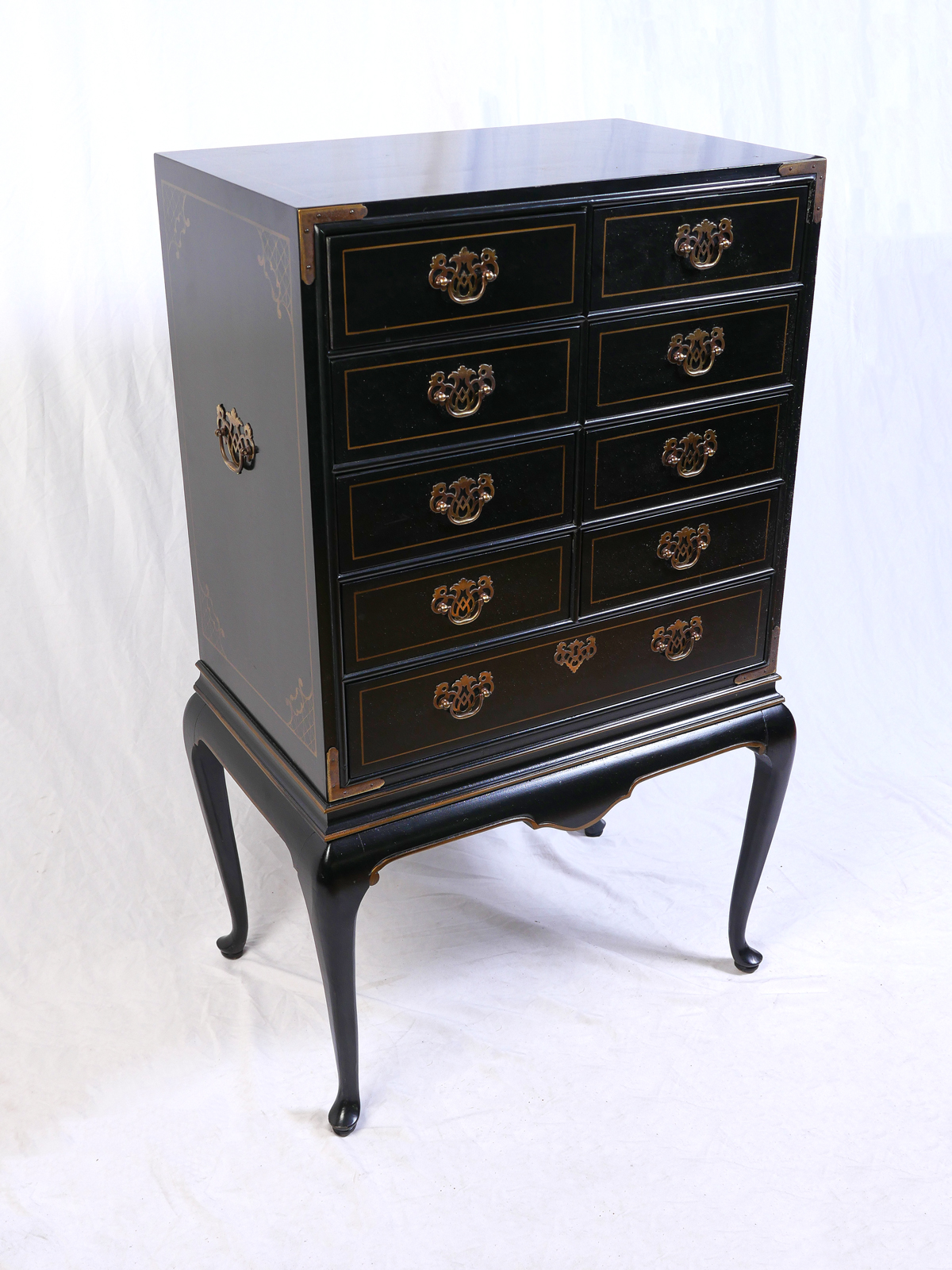 Appraisal: QUEEN ANNE STYLE DRAWER DREXEL SILVER CHEST Ebonized Drexel Silver