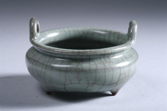 Appraisal: CHINESE CELADON PORCELAIN TRIPOD CENSER with two handles - in