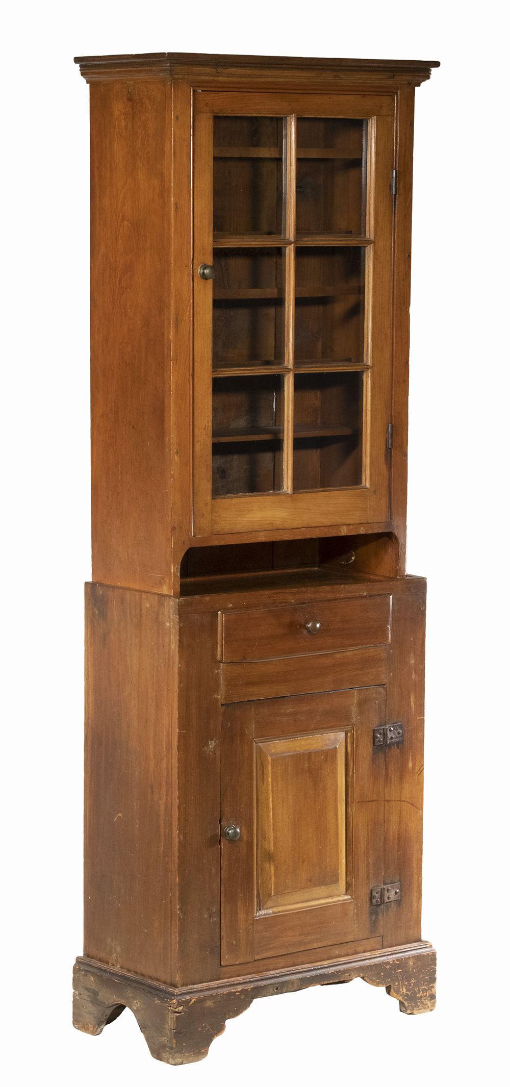 Appraisal: TWO-PART AMERICAN DIMINUTIVE COUNTRY PINE CUPBOARD Slender Cupboard in Yellow