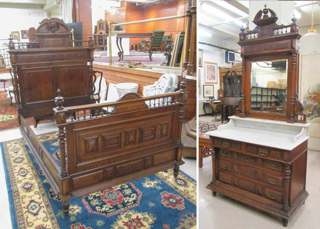 Appraisal: CARVED OAK BED AND DRESSER SET Continental th century full