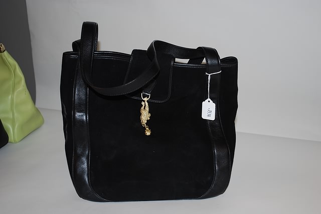 Appraisal: Barry Kieselstein-Cord large black suede and leather tote with frog