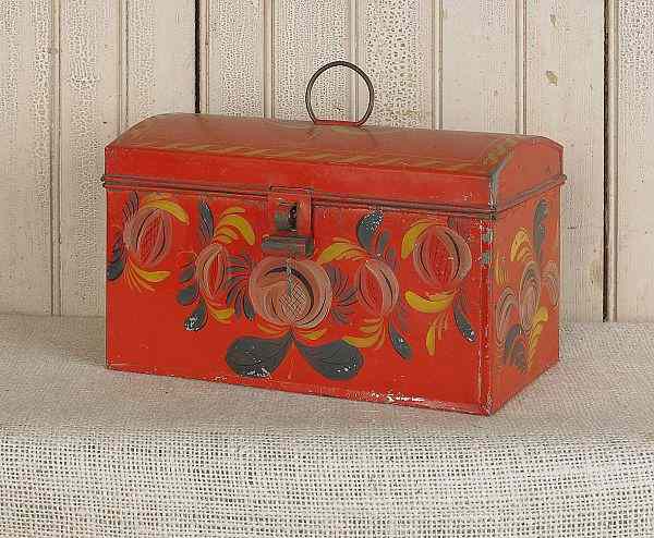 Appraisal: Red tole dome lid document box th c retaining its