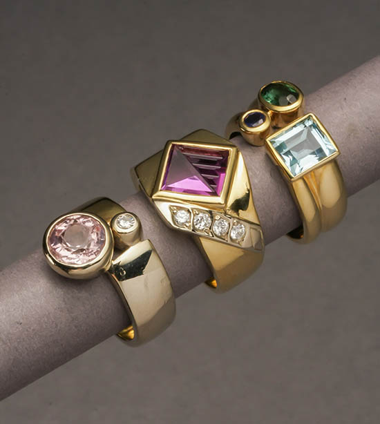 Appraisal: Three Italian -Karat Yellow-Gold and Gem-Set Rings Manfredi From left