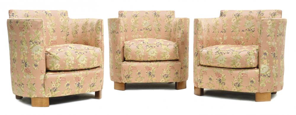 Appraisal: A SET OF THREE ART DECO SILK UPHOLSTERED TUB CHAIRS