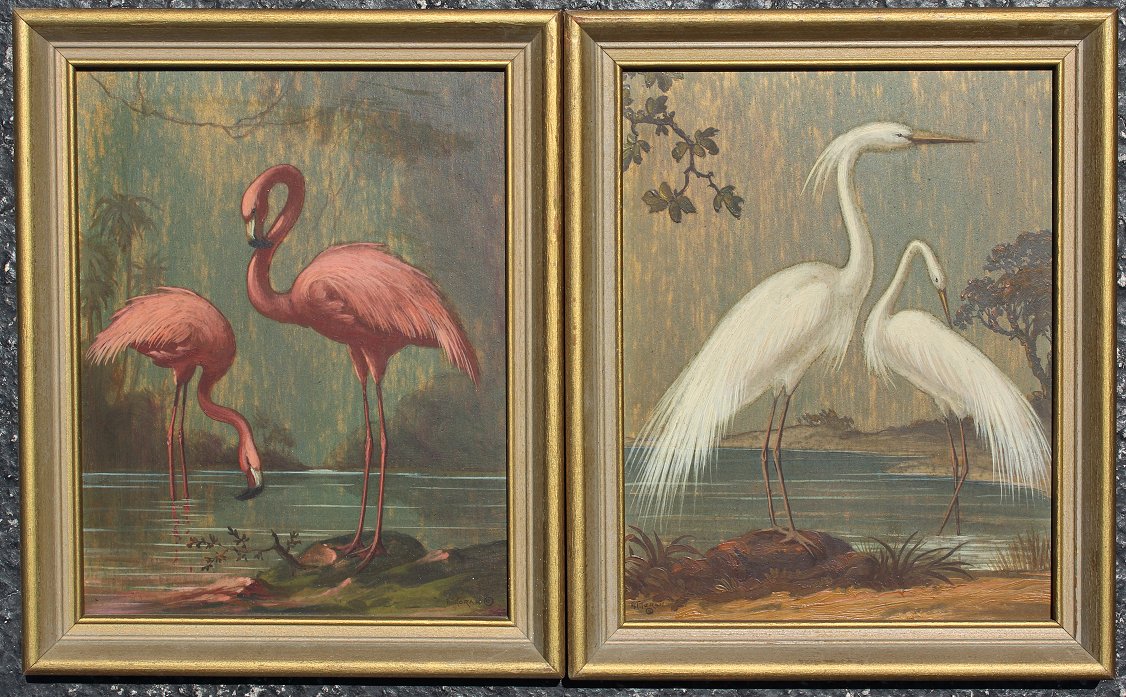 Appraisal: TORAN Alphonso American - Bird Paintings Pair of Pink Flamingos