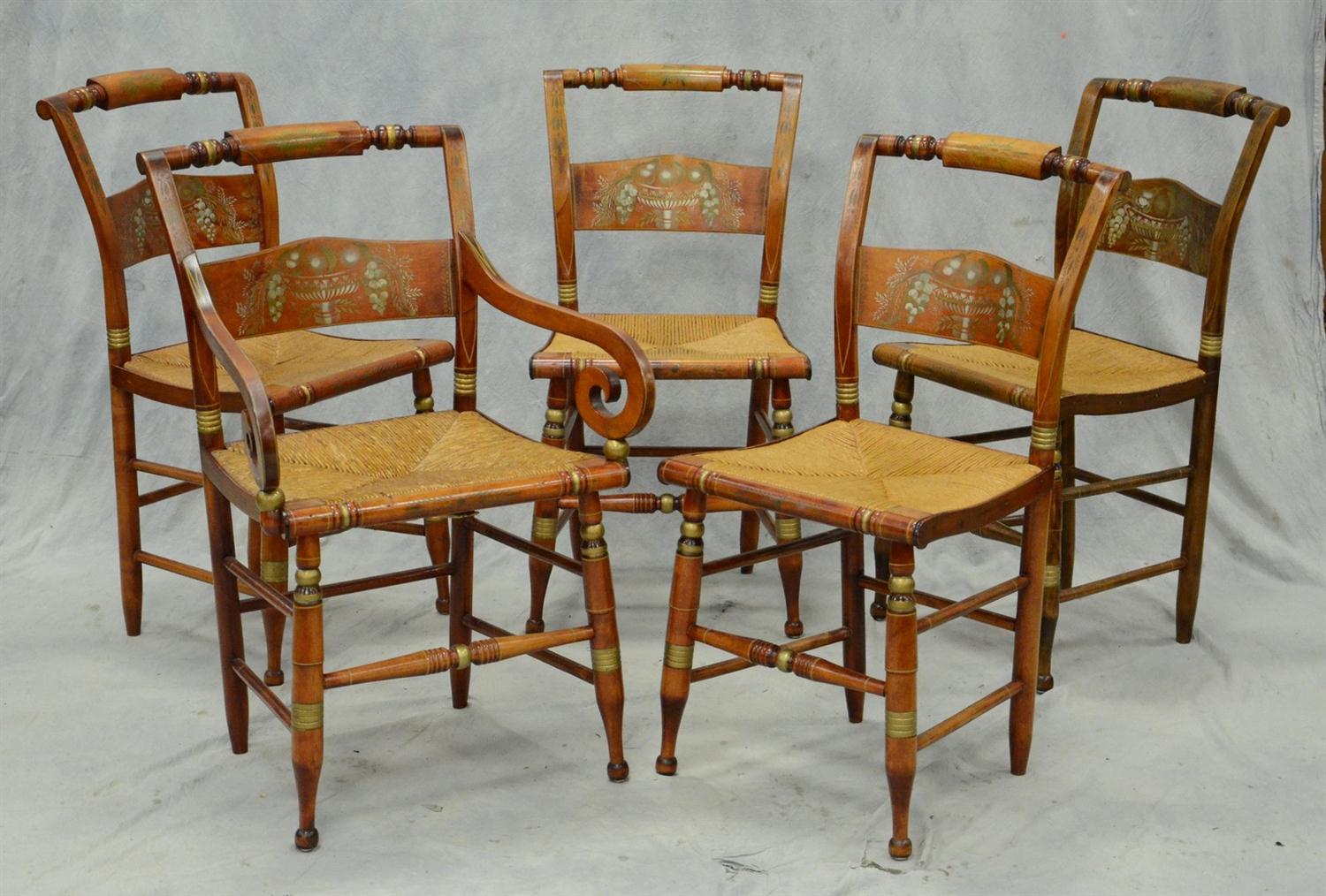 Appraisal: Sheraton style fancy chairs with stencil decoration by Everett Spaulding