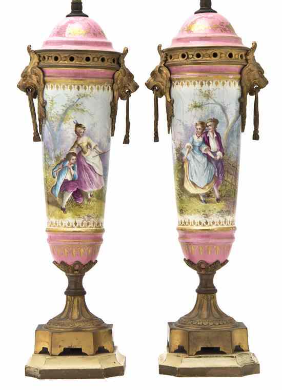 Appraisal: A Pair of Sevres Style Gilt Metal Mounted Porcelain Urns