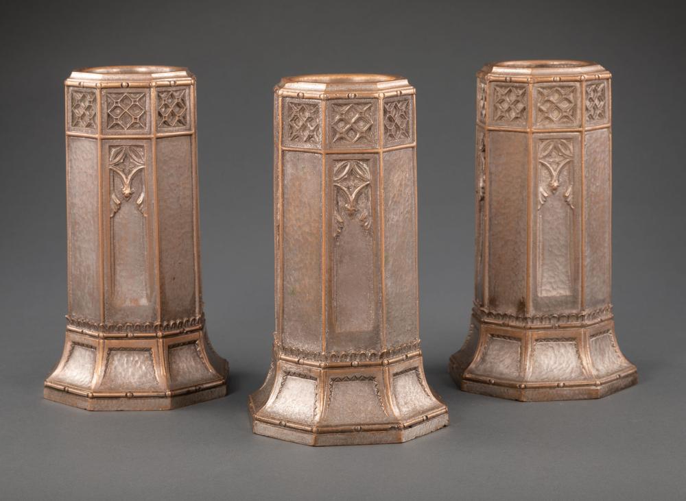 Appraisal: Three Antique Gothic Revival Argent Bronze Vases possibly Gorham each