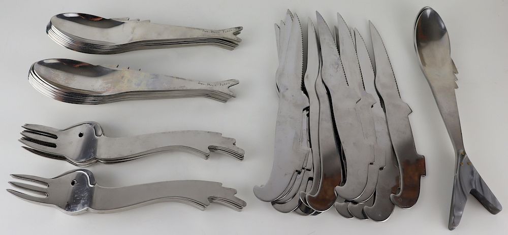 Appraisal: Jean-Marie Patois Stainless Esotismo Flatware Set Includes alligator knives with