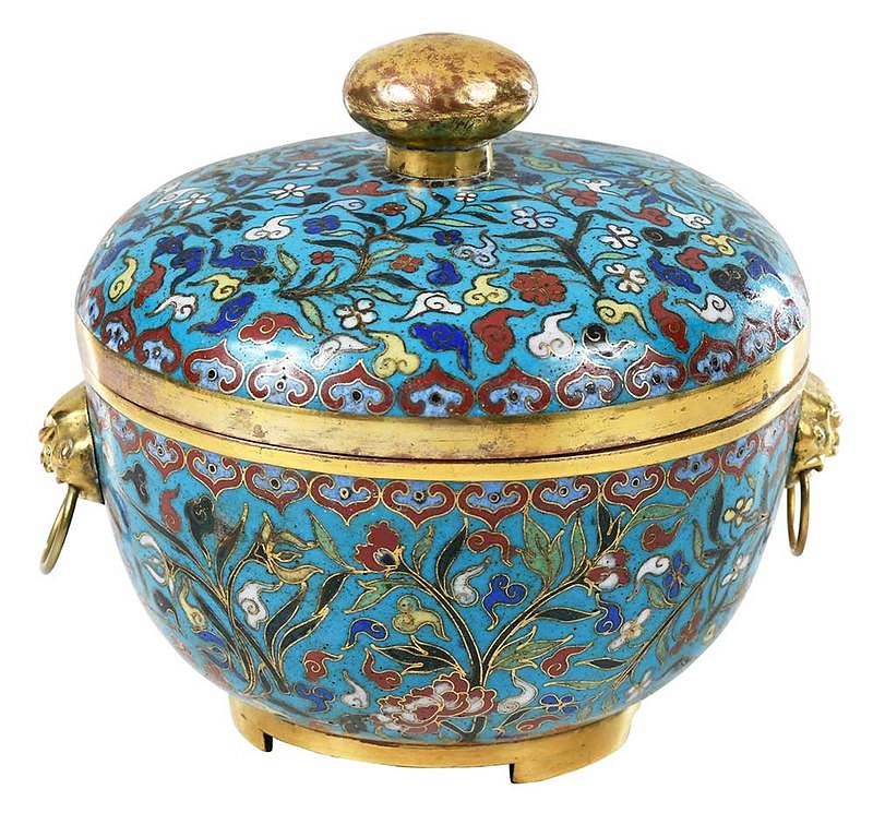 Appraisal: Round Chinese Cloisonne Box with Domed Cover enamel decorated on